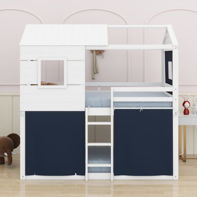 Solid Wood  House Bunk Bed With Ladder, Guardrails, Tent And Window
