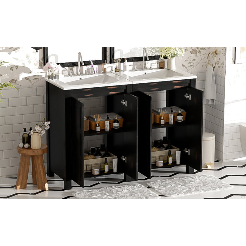 Ensemble de meuble-lavabo 48 po avec lavabos doubles (séparés), lavabos doubles en céramique, tablette de rangement et portes à fermeture en douceur 48 po
