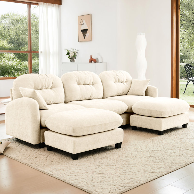 Modular Sectional U Shaped 3 - Seat , , Chenille Fabric, Cushion, Ergonomic Curve, High Resilience Sponge, 2 Throw Pillows, Fits Compact Spaces Beige Couch, Chenille, , Seat, Density Foam, Various