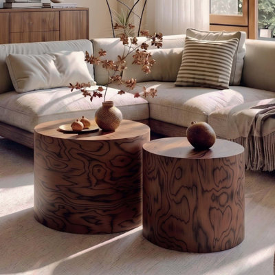 Ensemble de 2 tables basses gigognes rondes, table d'appoint en forme de souche d'arbre, sans assemblage, table d'appoint rustique à grain de tourbillon pour le salon, décor de maison de campagne moderne Wabi-Sabi