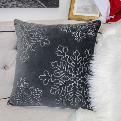 Coussin décoratif en velours gris 20X20 avec broderie et insert en flocon de neige argenté