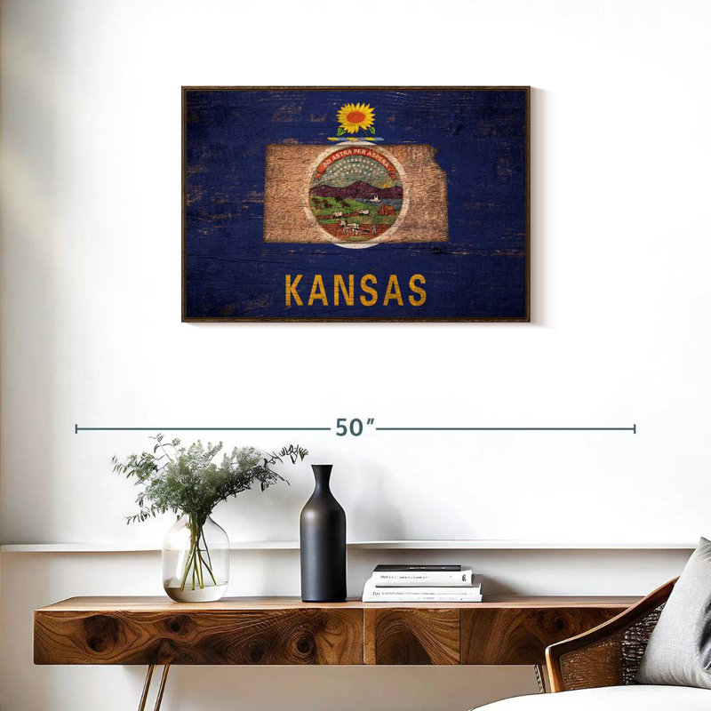 Carte de l'État sur le drapeau du Kansas, Cadre flottant en noyer, 31 po x 21 po