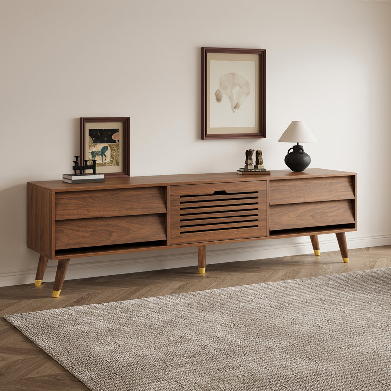 71" Mid-Century Modern TV Stand, Walnut Veneer MDF Media Console with Ample Storage