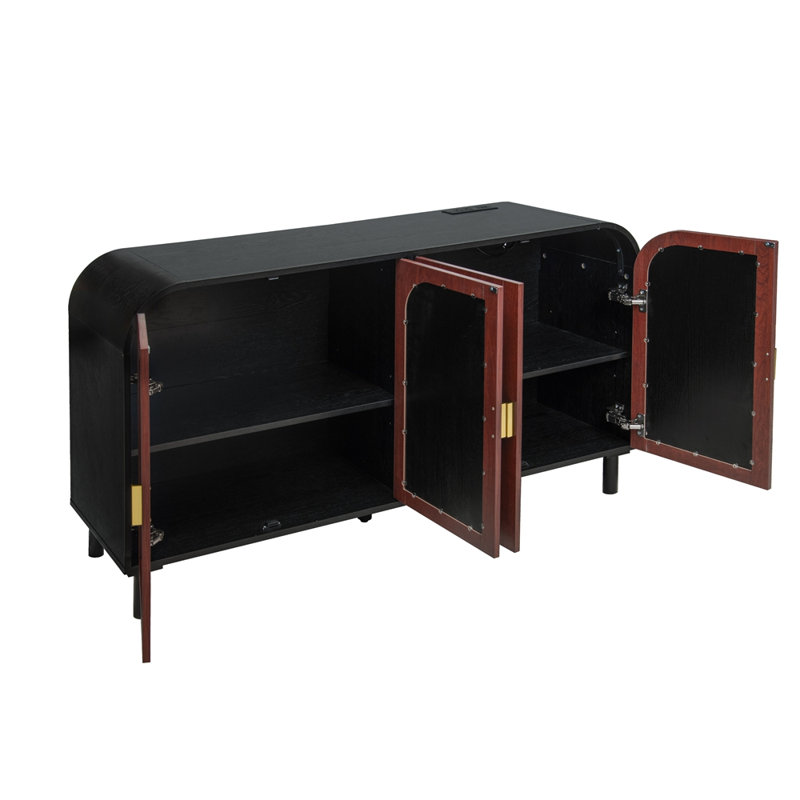 Buffet rétro arqué avec poignée demi-lune dorée, armoire de rangement en panneau de fibres à densité moyenne avec tablettes réglables et pied central en bois massif, armoire à 4 portes pour la salle à manger, le vestibule et le salon