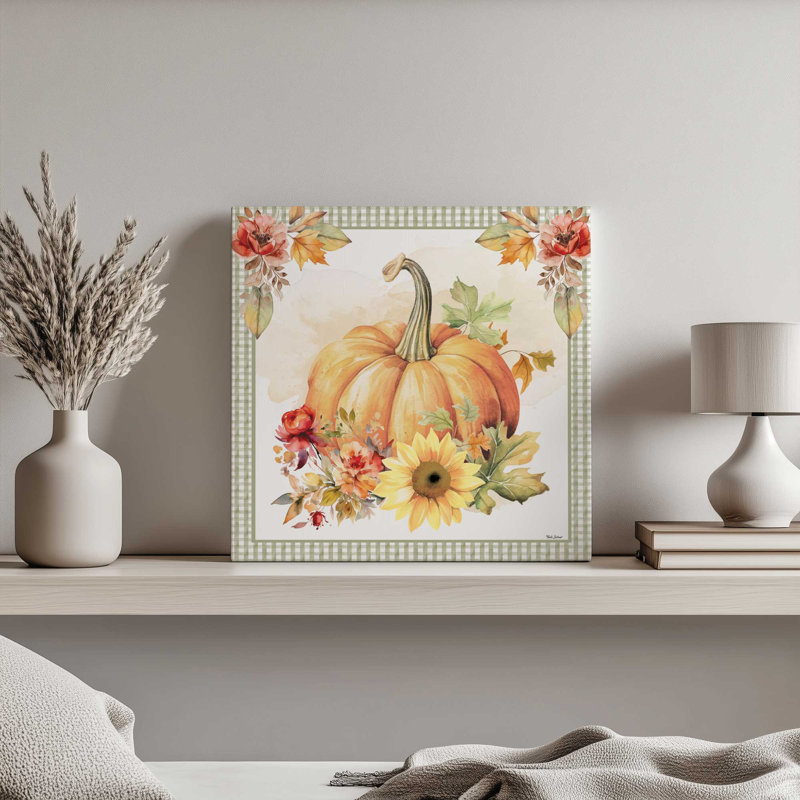 «Fall Pumpkin Floral III» par Nicole DeCamp, reproduction d'art, L 30 po x H 30 po, Ne s’applique pas, Toile tendue