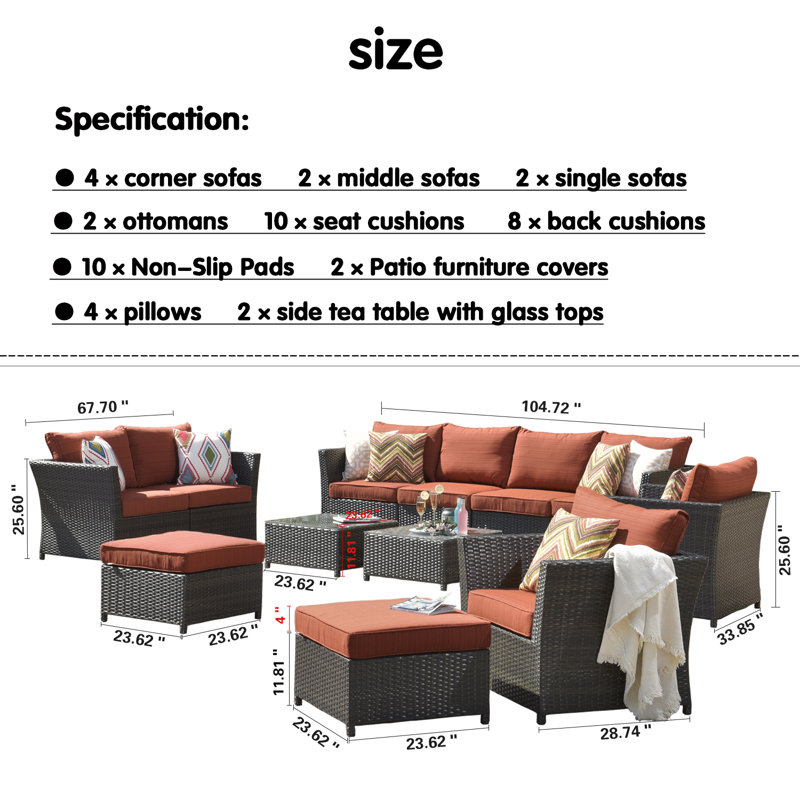 Ensemble de conversation modulaire en rotin 12 pièces avec coussins 12 pièces, Orangé