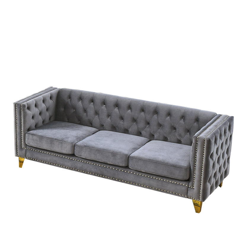 Tommy Tufted Velvet Sofa Set with Square Arms & Metal Legs, Gray