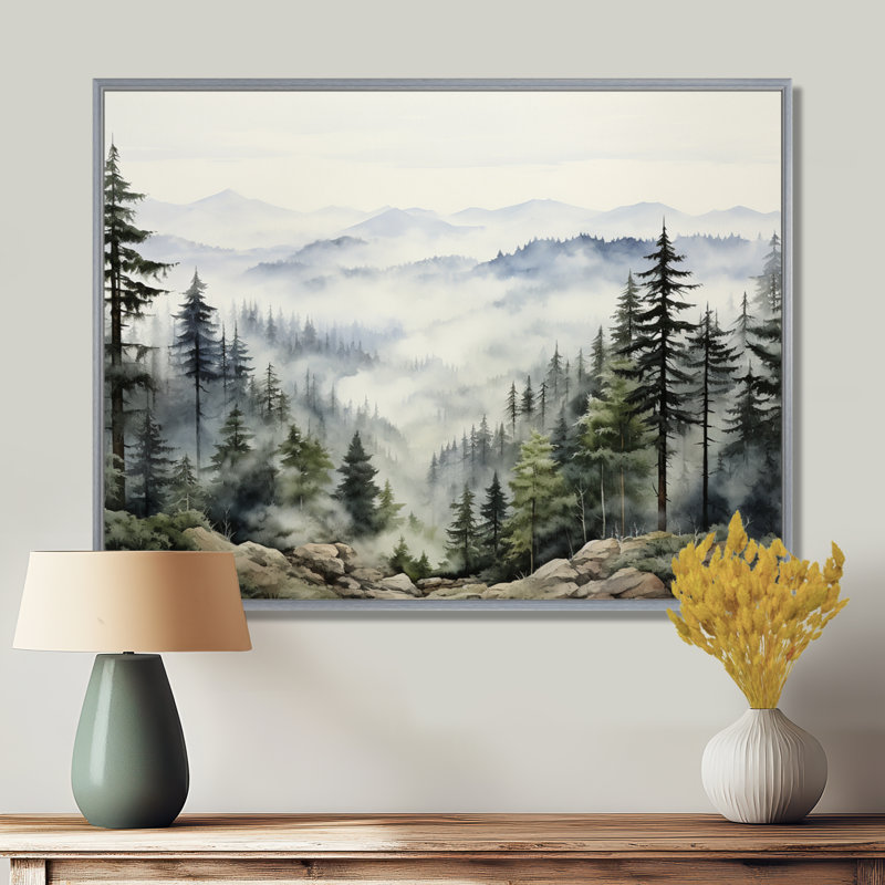 «Pine Tree Misty Mountain I», art sur toile de pin, Reproduction avec cadre flottant, H 30 po x l 40 po, Argent argent
