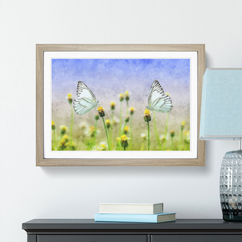 Two Butterflies upon Yellow Flowers - Framed Print, 62cm H x 87cm W x 2cm D, Oak Framed
