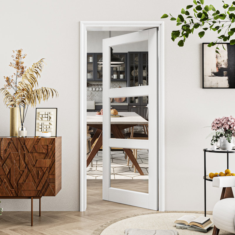 White Primed Solid Core 3-Panel Clear Slab Glass Door Suitable For Bathroom/Pantry, 32" x 80"