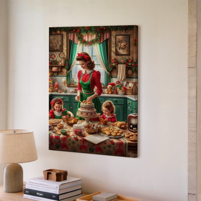 Toile, une scène de cuisine festive douillette remplie de joie des Fêtes avec art mural «Une femme dans une robe rouge et verte rétro», art mural sur toile