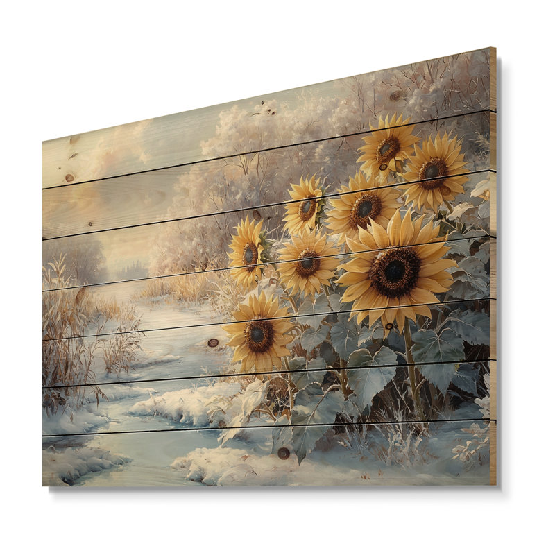 Sunflowers By The Frozen Pond I - Sunflowers Wood Print - On Natural Pine Wood, 24" H x 32" W x 0.78" D