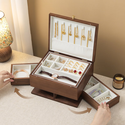 Black Walnut Wooden Jewelry Box, 3-Layer Flip-Top Rotating Organizer for Earrings, Necklaces, Rings, and Bracelets Storage.
