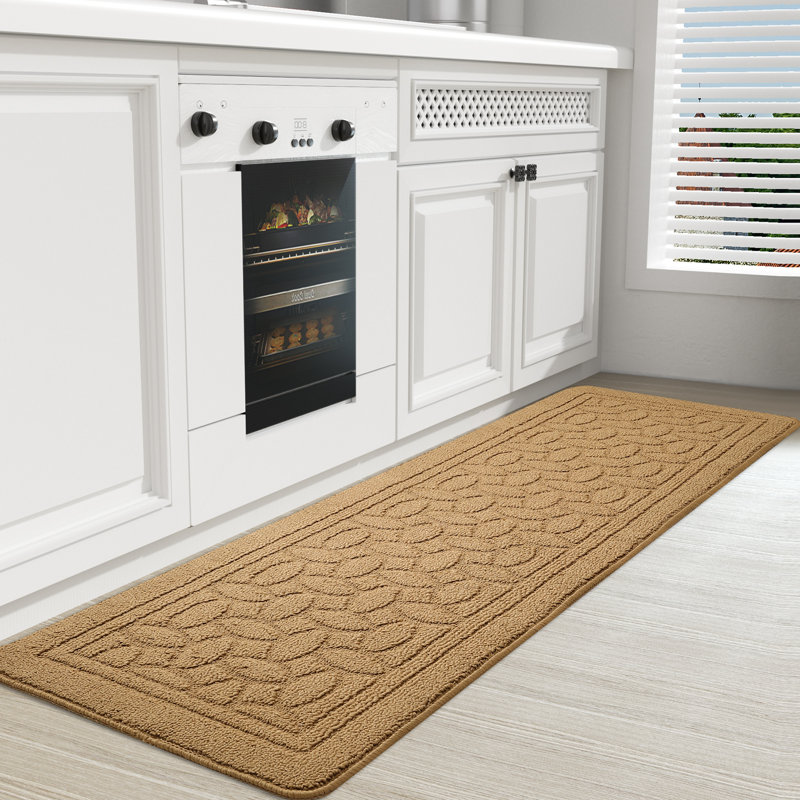 Floral Water Resistant Non-Skid Kitchen Mat, Runner 1'6" x 4'11", Khaki