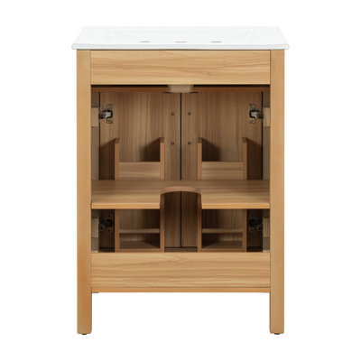 Meuble-lavabo 24 po avec cadre en bois massif, tiroir rabattable, 2 portes à fermeture douce avec rangement pour porte, tablette réglable et meuble-lavabo moderne