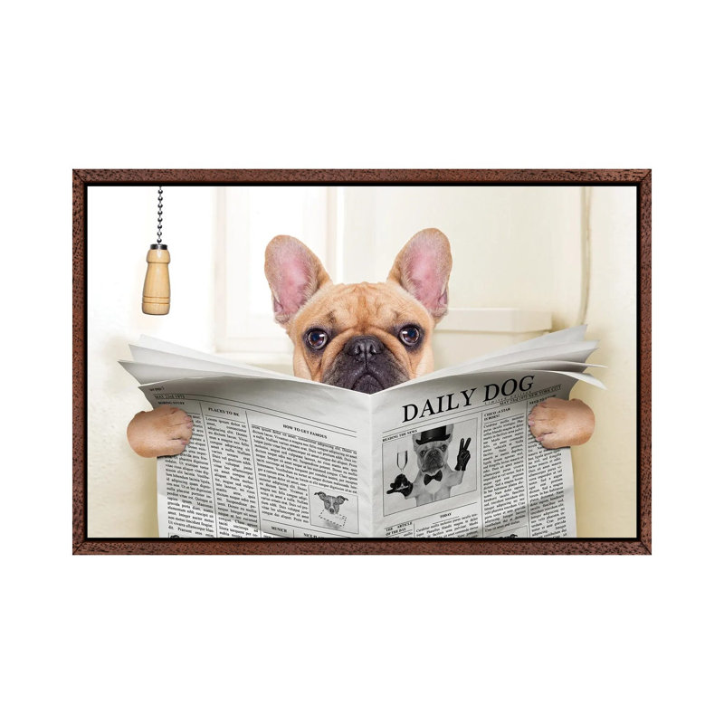 Dog On Toilet Seat Reading Newspaper V by Damedeeso - Print on Canvas, Classic Brown Wood Framed