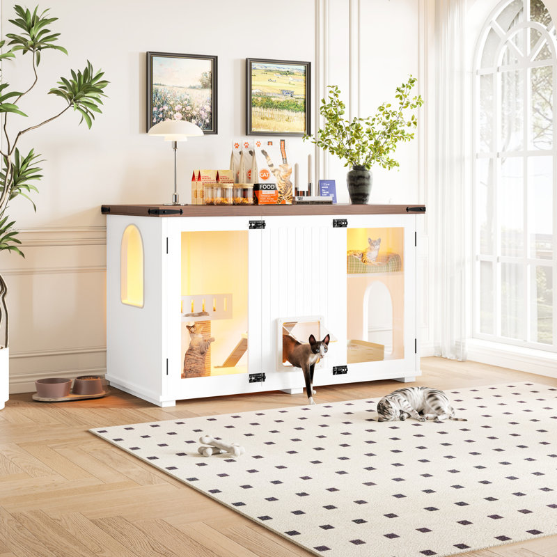 Enceinte de litière pour chat 47,25 "avec DEL, escalier de maison et poteau à griffes, table d'appoint, blanc - isole les odeurs, surface supérieure de grande capacité facile à nettoyer, odeurs