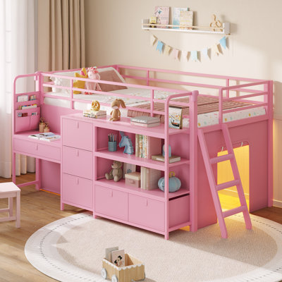 Twin Size Low Loft Bed With Built-in Desk, Metal Loft Bed With 6 Storage Drawers, Open Bookshelf, Under-bed Play Tent With Led Lights,safety Guardrail & Inclined Ladder,Pink