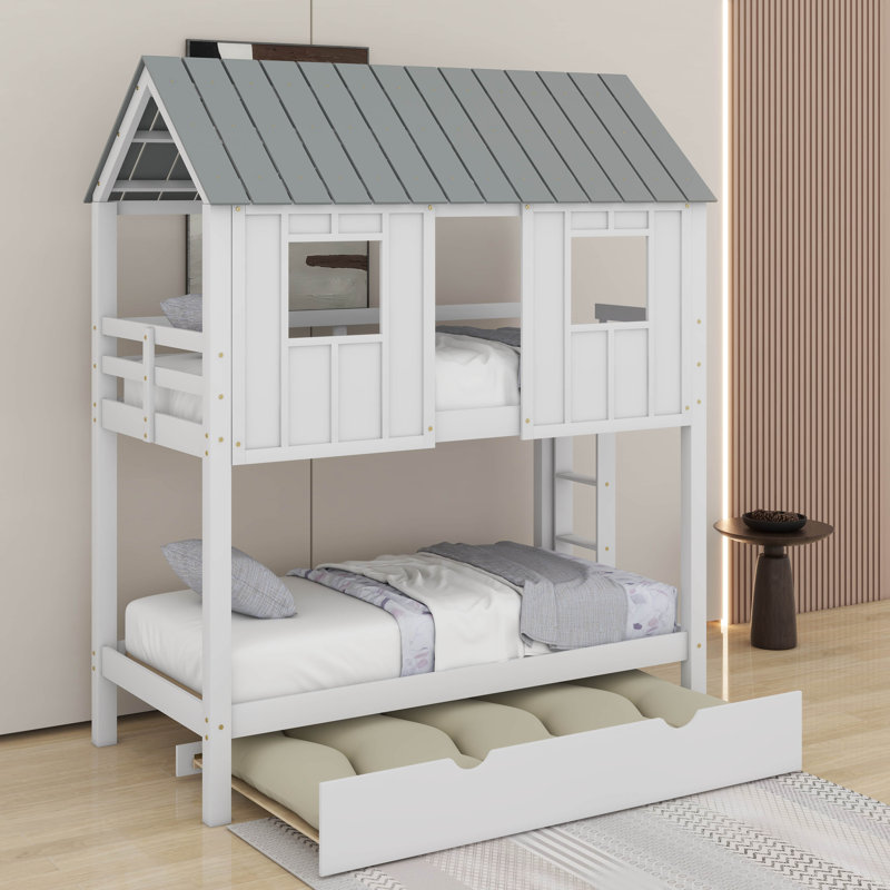 Twin Size House Bunk Bed With Trundle,Roof And Windows