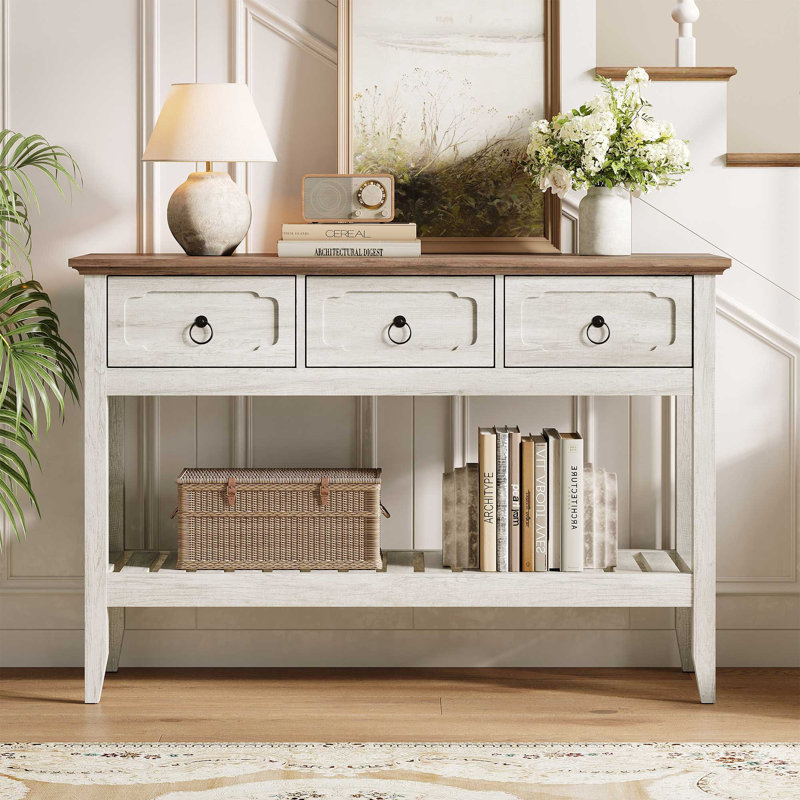 Rustic Entryway Table With Large Storage Space, Brown, White
