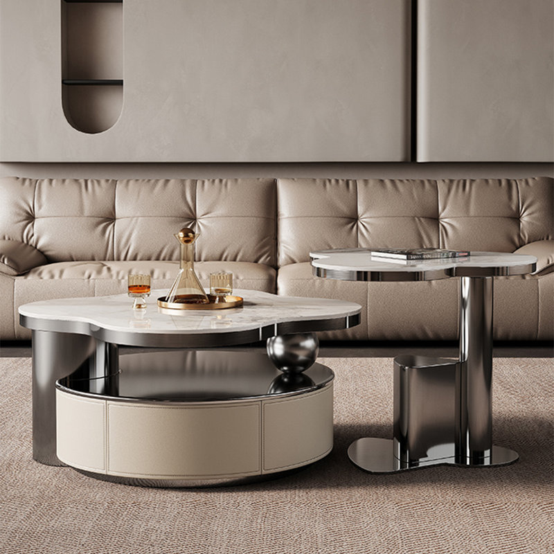Table basse moderne en acier inoxydable, Blanc / Gris