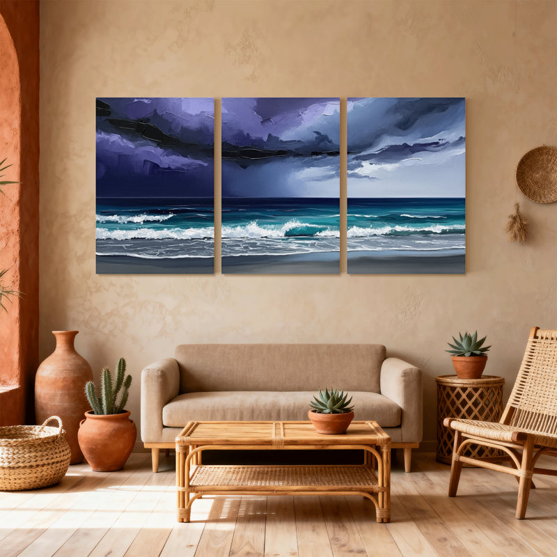 Nautique et plage, vagues océaniques sous un ciel orageux, ensemble de 3 impressions sur toile, H 30 po x l 60 po