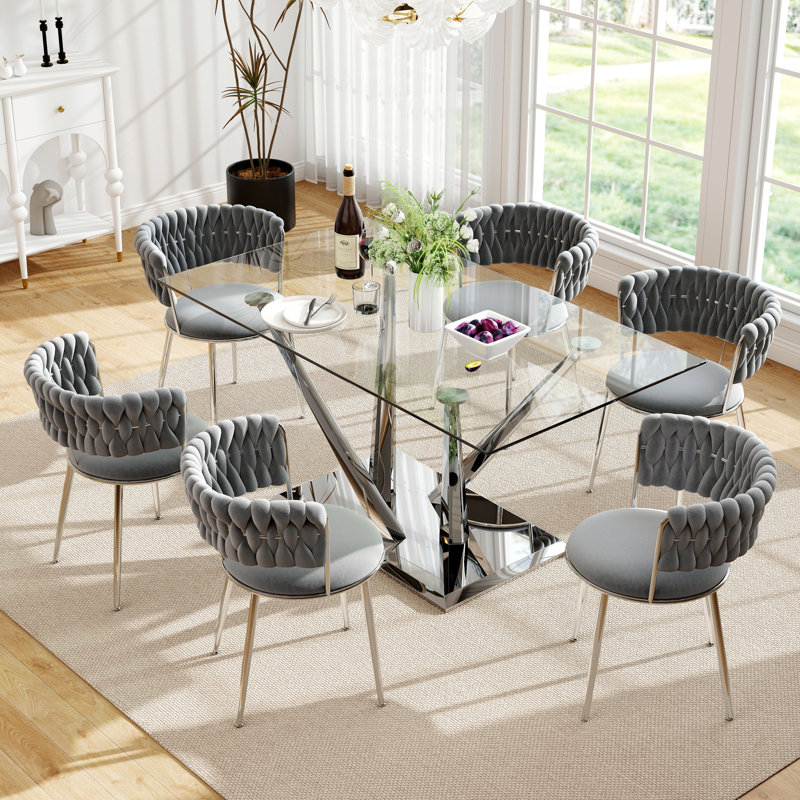 Ensemble de salle à manger à piédestal luxtury, Gris, Argent argent, 7 pièces : table, 6 chaises
