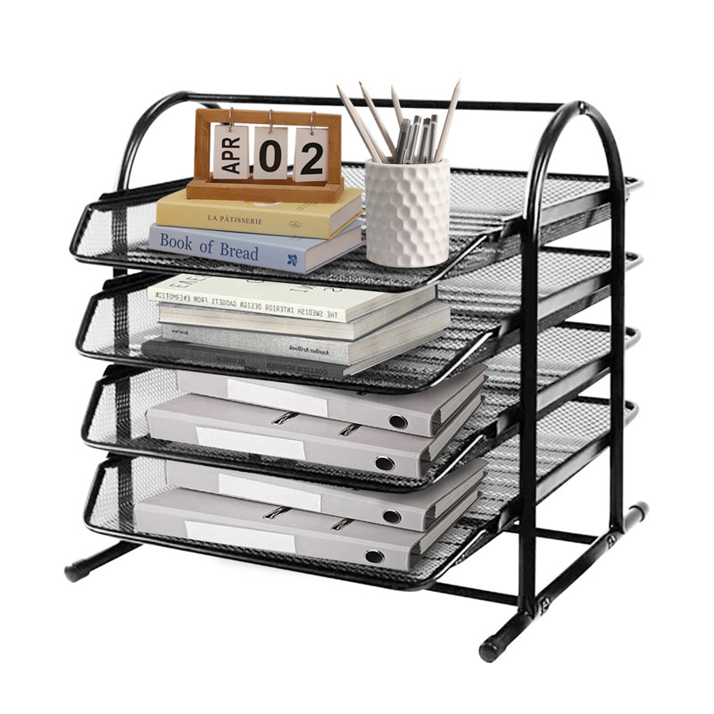 4 Tier Metal Mesh File Organizer, Sliding Tray Desktop Document Holder