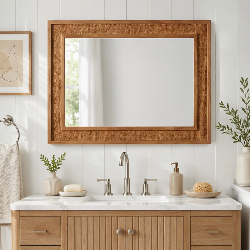 Rattan Rectangle Solid Wood Frame Mirror, 24"x36", Natural Wood