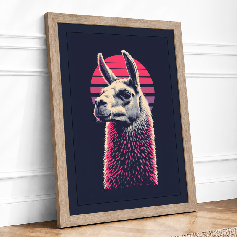 Llama Geometric Gaze Modern - Framed Print, A4 - 29.7 x 21.0 cm, Oak