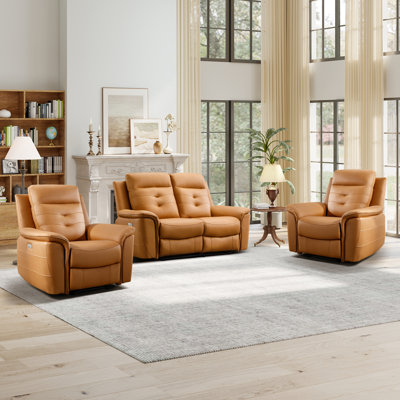 Ensemble de salon inclinable 3 pièces en cuir synthétique respirant - 2 fauteuils inclinables, causeuse avec chargement USB