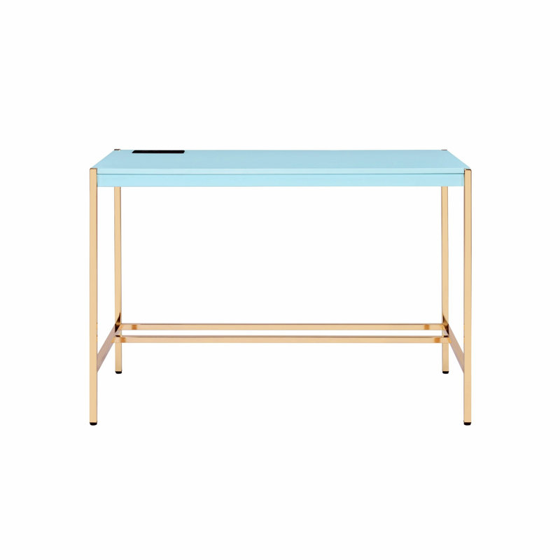 Bureau d'écriture avec port USB, bureau rectangulaire avec plateau en bois et base en métal, Bleu clair