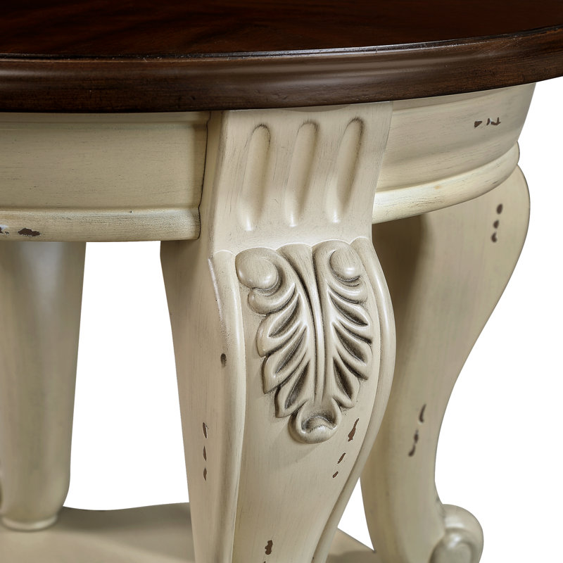 Table d'appoint ronde en bois massif de 22 po avec tablette, beige et espresso bicolore, table d'appoint facile à assembler pour le salon | Idée de cadeau