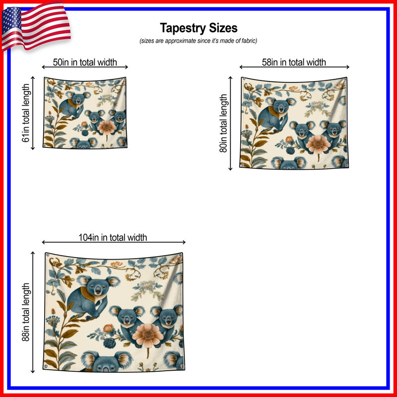 Tapisserie murale Koalas avec arrangement floral - décoration murale Koala, H 104 po x 88 avec 4 œillets