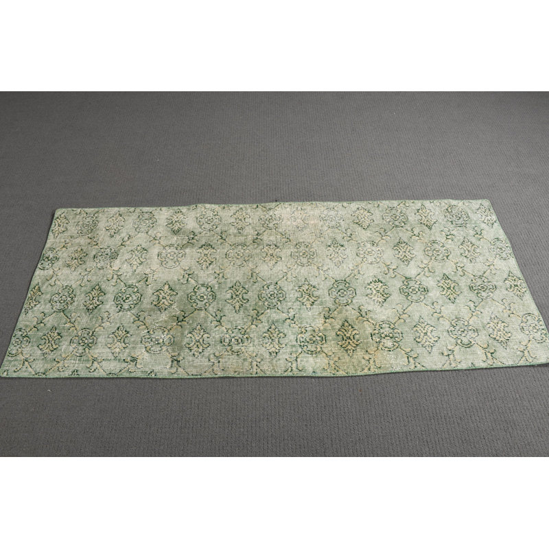 Vintage Turkish Wool Rug in Green: Antique Small Oriental Floor Accent for Entryways
