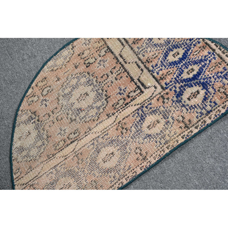Vintage Turkish Semi Circle Handmade Bohemian Carpet with Ethnic Pattern for Decorative Entryway Blue/Orange