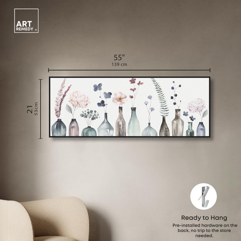 Art mural sur toile Perfect Indigo Florals par Art Remedy, H 21 po x l 55 po, Cadre flottant noir