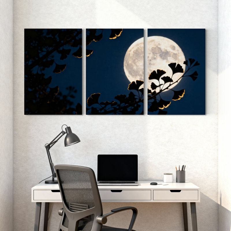 Lune et feuilles de ginkgo, reproduction d'art sur toile, impression de paysage de ciel nocturne (ensemble de 3)