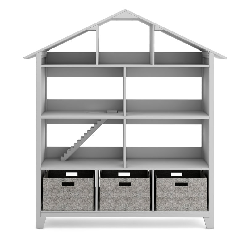Gray Wooden Kids' Dollhouse Bookcase with Storage Bins