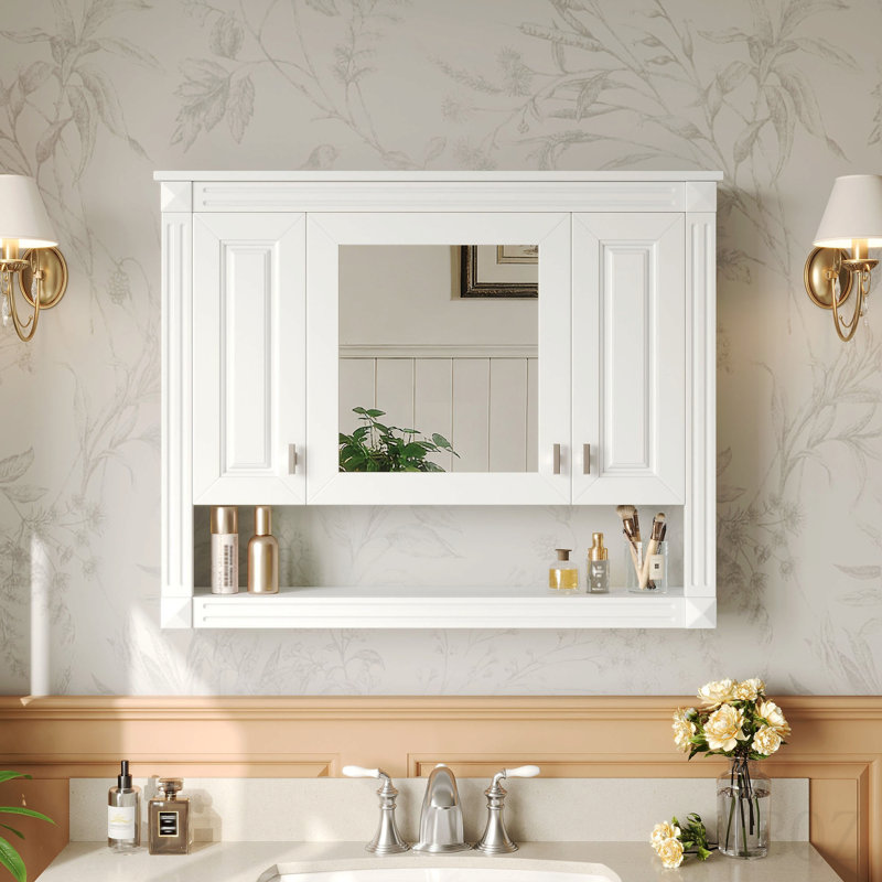 35inch Bathroom Wall Cabinet With Mirror, Wall Mounted Medicine Cabinet With Open Shelf, Mirrored Door Over Toilet Storage Cabinet, White