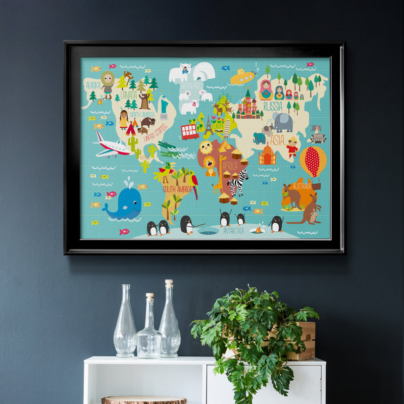 Carte du monde des enfants - cadre photo, impression sur toile, H 18,5 po x l 24,5 po x P 1 po, Noir