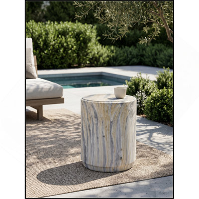 D14,5 x 18,5 po, tabouret moderne gris et beige en faux marbre, table d'appoint sculpturale cylindrique, piédestal d'aspect pierre