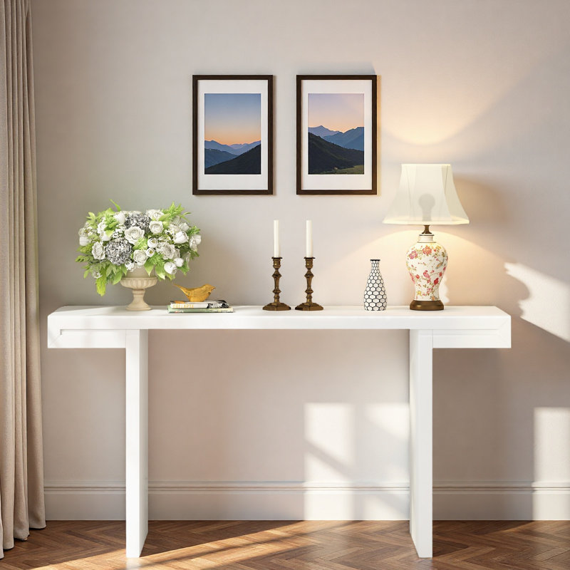 Console avec lignes géométriques et pieds réglables, Blanc