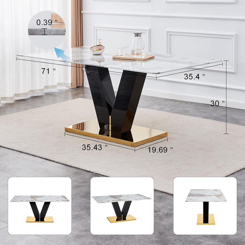 71'' Marble Patterned Glass Dining Table With V-shaped Black Glossy Pillars
