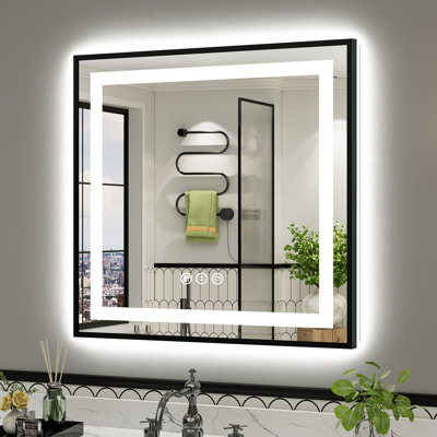 Matte Black Matel Framed LED Bathroom Mirror with Front-lit and Back-lit, Memory Function, 3 Color Temperatures & Dimmable Light, Anti-fog Tempered Glass