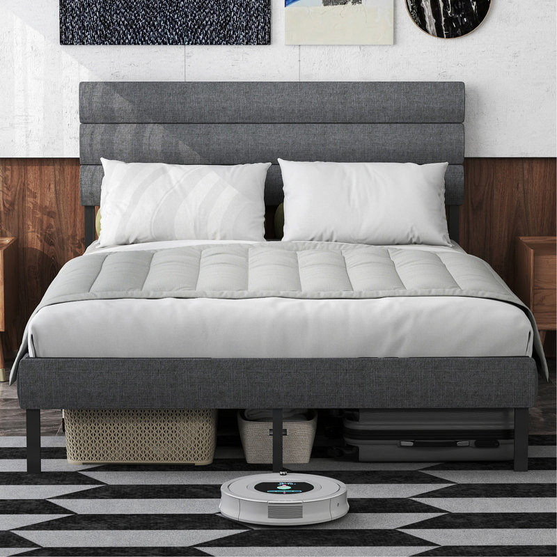 Base de lit tapissier grand format avec tête de lit, aucun sommier requis, rangement sous le lit 14 po, Gris / Noir