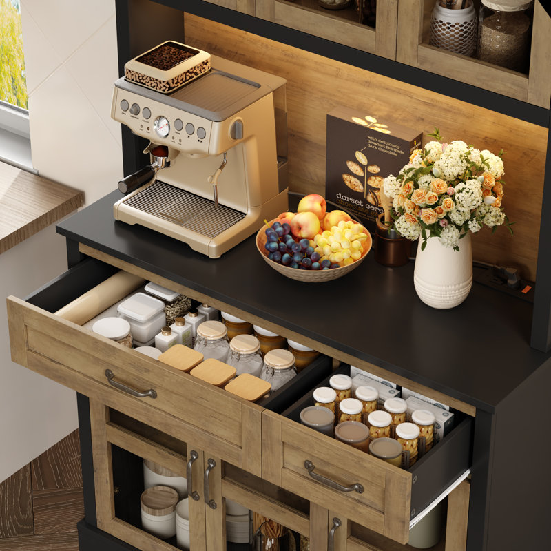 71''H LED Pantry with Charging Ports, Black/Brown