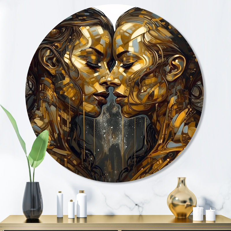 Acrylique Couple s'embrassant V - Art mural rond abstrait en marbre sur métal, H 36 po x l 36 po x P 1 po