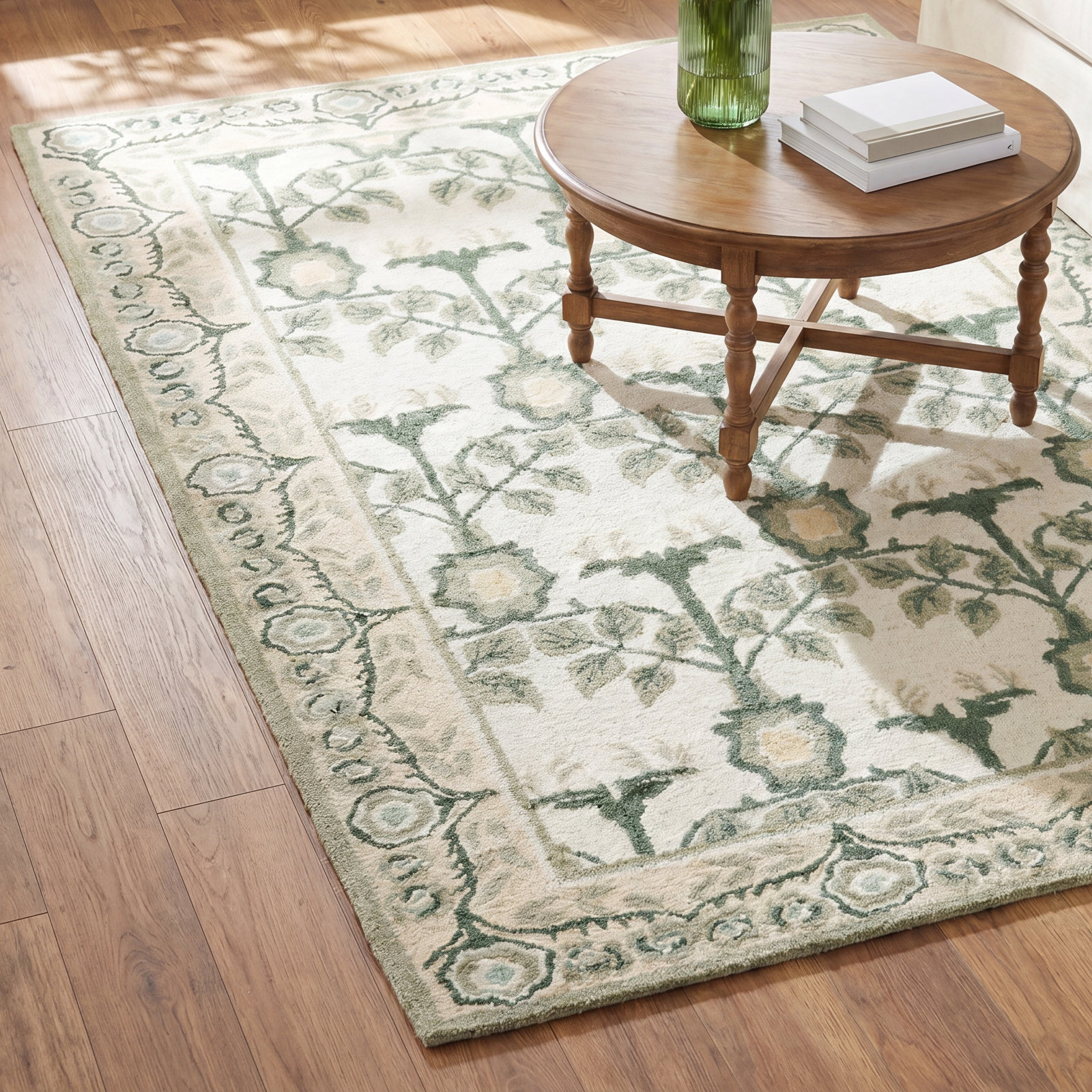 Ivory Sage Hand-Tufted Floral Wool Rug, Rectangle 9' x 12'