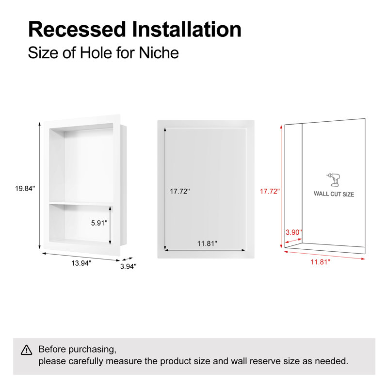 Wall Niche Double Shelf Recessed Metal Cabinet, White, No, 19.8" H x 13.9" W x 3.9" D